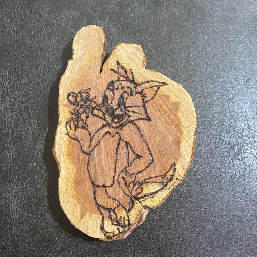 Gorgeous !!! Tom and Jerry wood carving wood burning on natural cedarwood